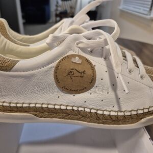 White and Tan Hand-Sewn Sneakers
